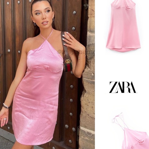 Zara Pink Satin Effect Halter Dress - Picture 1 of 10